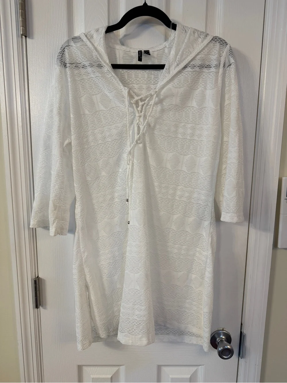 White Lace Hooded Swim Cover Up Tunic Large Beach Resort Vacation